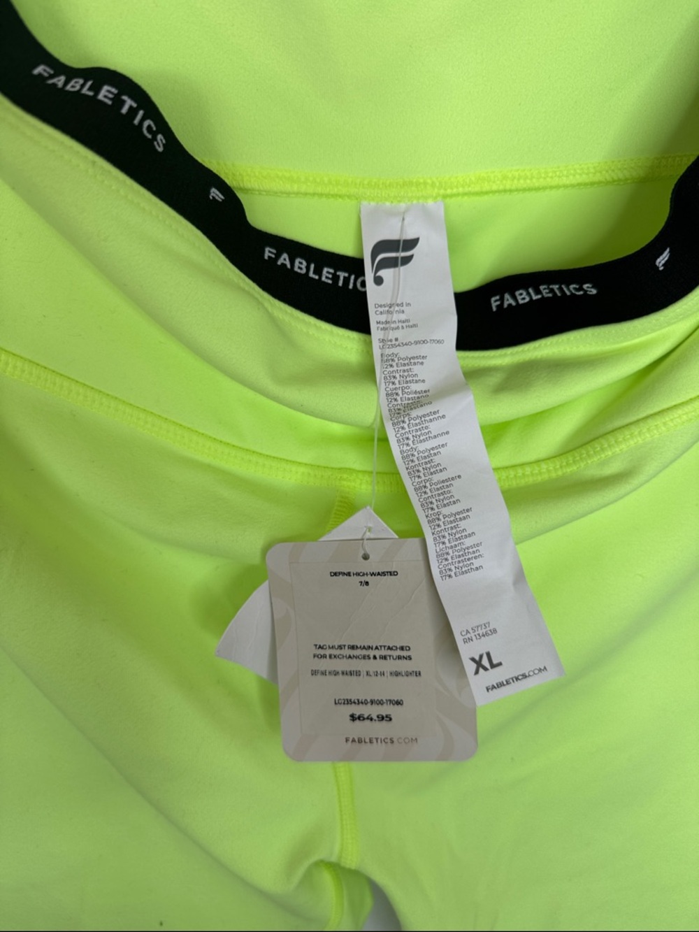 Fabletics Neon Yellow Define High-Waisted Athletic Leggings. NWT Sz XL 12-14 - Picture 3 of 7